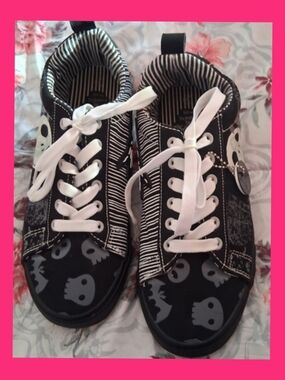 Disney Black Skull Print Lace-Up  Sneakers with White Laces